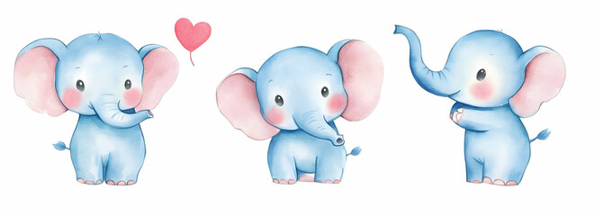 Cute Images - Cute watercolor illustrations of three blue elephants expressing different emotions.