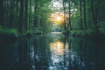 Obraz premium Sunset Reflection on a Forest River