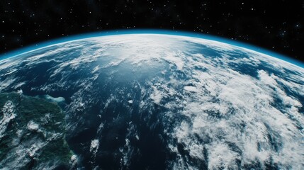 Obraz premium A breathtaking cinematic view of planet Earth, with its vibrant blue oceans, lush green landmasses, and swirling clouds, framed against the serene, dark backdrop of outer space.