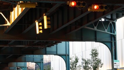 New York elevated subway, metropolitan bridge, metro track above street. Railway transport over...