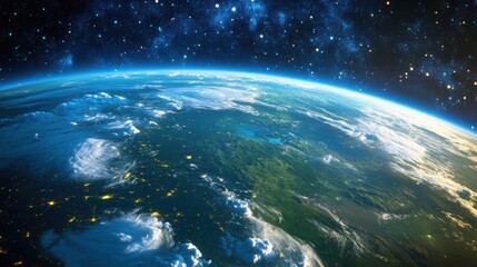 A breathtaking cinematic view of planet Earth, with its vibrant blue oceans, lush green landmasses, and swirling clouds, framed against the serene, dark backdrop of outer space.
