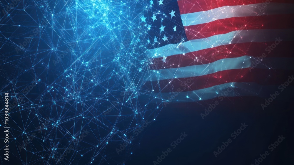 Poster abstract representation of the american flag with a digital network design.