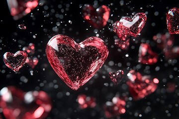 Red glass hearts floating in the air with a black background.
