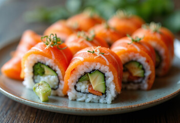 Delicious Salmon Sushi with Avocado and Cucumber Garnish