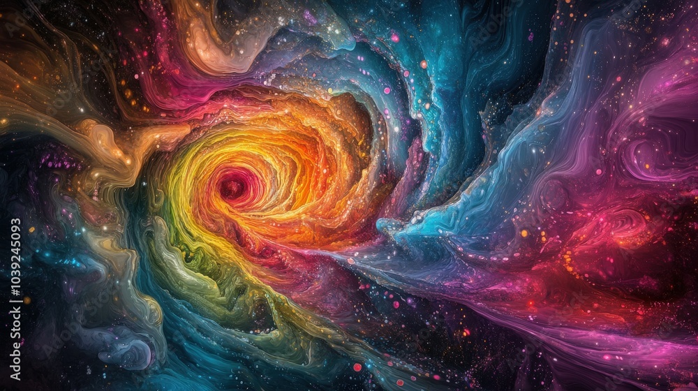 Aufkleber a breathtaking scene illustrating an abstract flight in a retro neon hyper warp space tunnel, where 