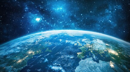 Obraz premium A breathtaking perspective of Planet Earth viewed from space, revealing a realistic depiction of its surface.