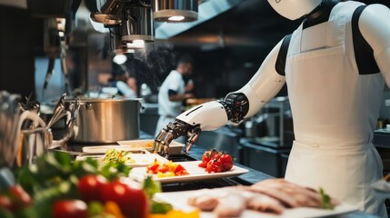 An autonomous robot chef preparing gourmet dishes in a high-end restaurant kitchen, chefs and diners enjoying culinary delights, Culinary robotics style