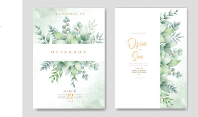 Wedding invitation card with watercolor leaves