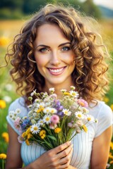 Fototapeta premium Cheerful Hispanic woman smiling brightly holding wildflowers in summer meadow