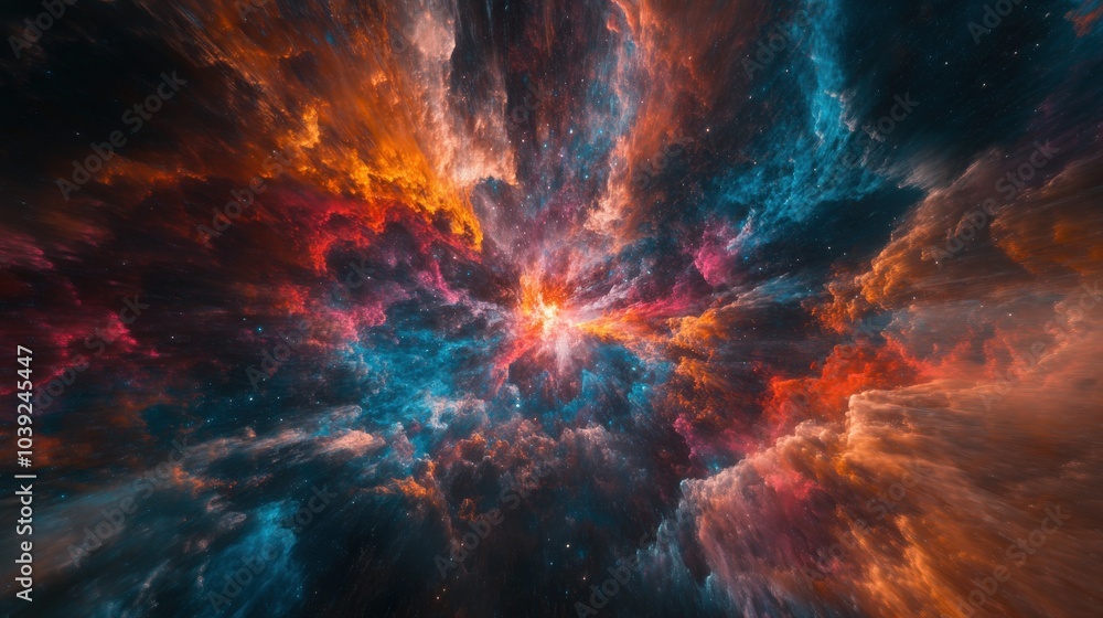 Poster a captivating cosmic image featuring an explosion of colors from nebulae and galaxies, creating a st