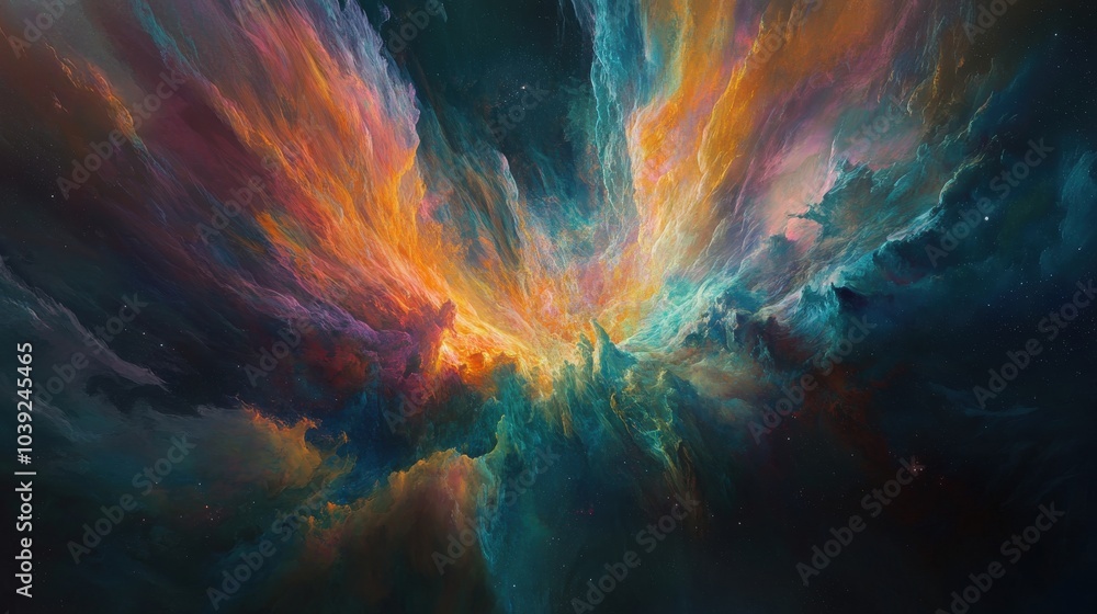 Poster a captivating cosmic image featuring an explosion of colors from nebulae and galaxies, creating a st