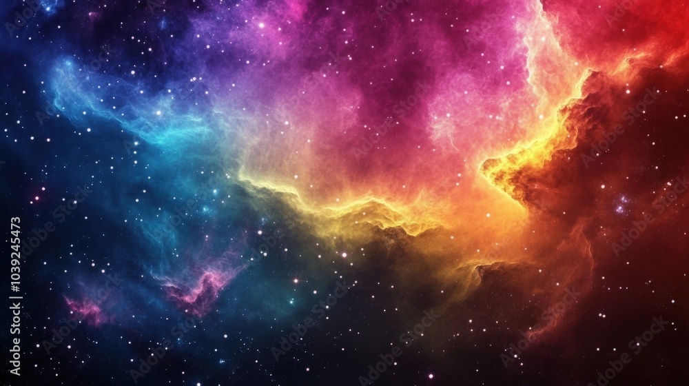 Poster a captivating cosmic image featuring an explosion of colors from nebulae and galaxies, creating a st