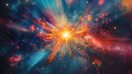 A captivating cosmic scene with a radiant nebula at its center, surrounded by glittering galaxies. The colors blend seamlessly, creating an abstract representation of the wonders of space