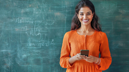 Indian female Teacher holding smartphone in classroom with chalkboard background