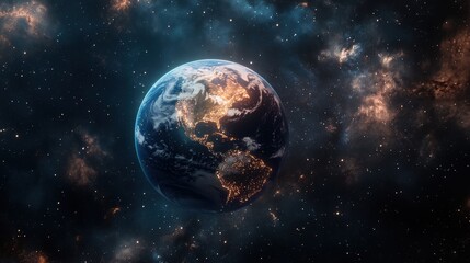 Fototapeta premium A cinematic Earth shot showing detailed cloud formations over continents and oceans, framed by the deep, starry void of space,