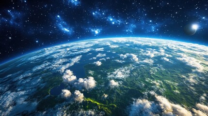 Obraz premium A cinematic Earth shot showing detailed cloud formations over continents and oceans, framed by the deep, starry void of space,
