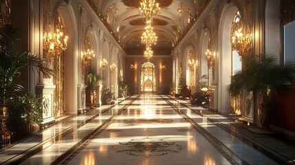 Fototapeta premium Golden Hallway with Palm Trees
