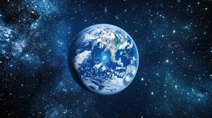 A cinematic image of planet Earth from space, with swirling white clouds and a glowing atmosphere, set against the infinite darkness of space,