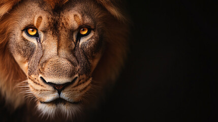 Naklejka premium A close-up of a lionâ€™s fierce yellow eyes, surrounded by dark orange fur with soft black stripes. The background is completely black, creating a striking contrast that amplifies the intensity of the