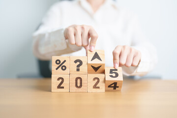 2024 to 2025 New year with questions mark and percentage icon. Interest rate, GDP, stocks market, financial, deflation and Inflation, mortgage, debt, Loan and Economic Recession