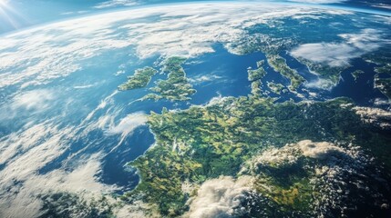 A crisp and detailed space view of Europe on Planet Earth, with lush green landscapes and swirling clouds.