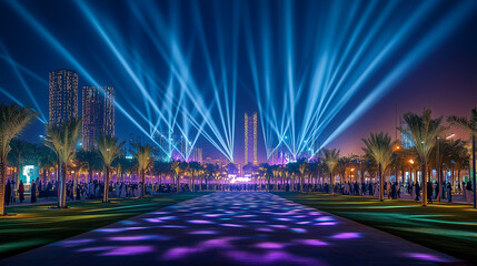 Riyadh Lights Festival, a laser light show that radiates from towers and buildings, creating beautiful patterns in the Riyadh night sky, Ai generated images