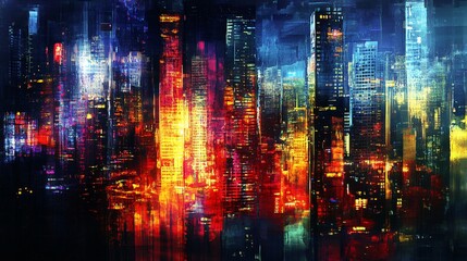 Naklejka premium Abstract painting of a city skyline with vibrant colors and brushstrokes.