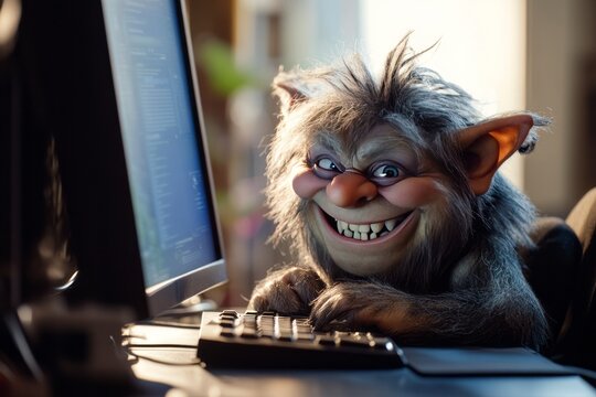 A smiling Troll smiling looking at his computer screen , illustrating trolls on the internet, hate speech, cyberbullying , online harassment ,doxing 