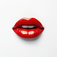 Obraz premium Red lips blowing a kiss in the air on a white background.