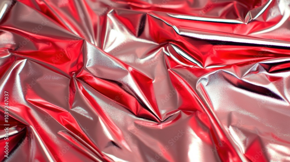 Poster glinting surfaces of crinkled red foil showcase intricate patterns, reflecting light and adding dept
