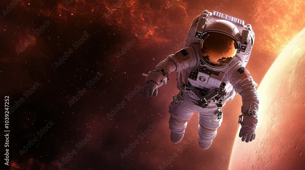 Poster a dynamic view of an astronaut doing a spacewalk on mars, with the reddish hue of the planet contras