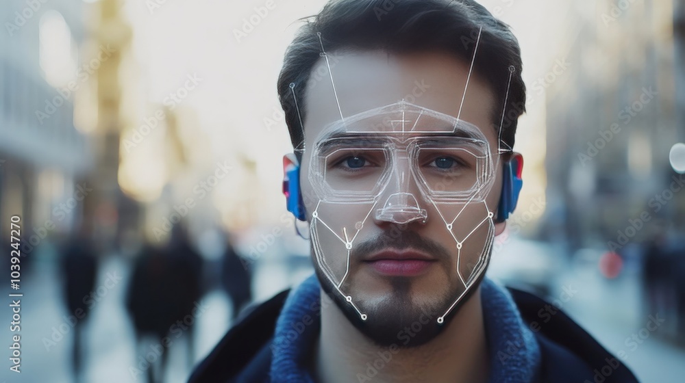 Poster a facial recognition system concept driven by ai, scanning faces in real-time, providing biometric i