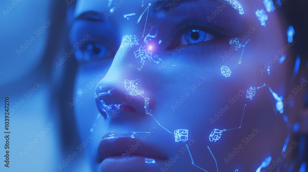 Poster a facial recognition system concept driven by ai, scanning faces in real-time, providing biometric i