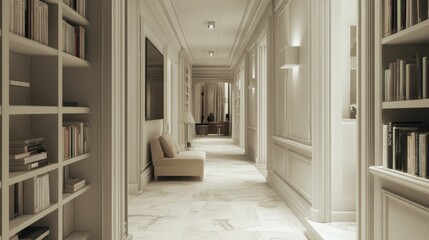 Obraz premium Elegant Hallway with Bookshelves and Soft Lighting
