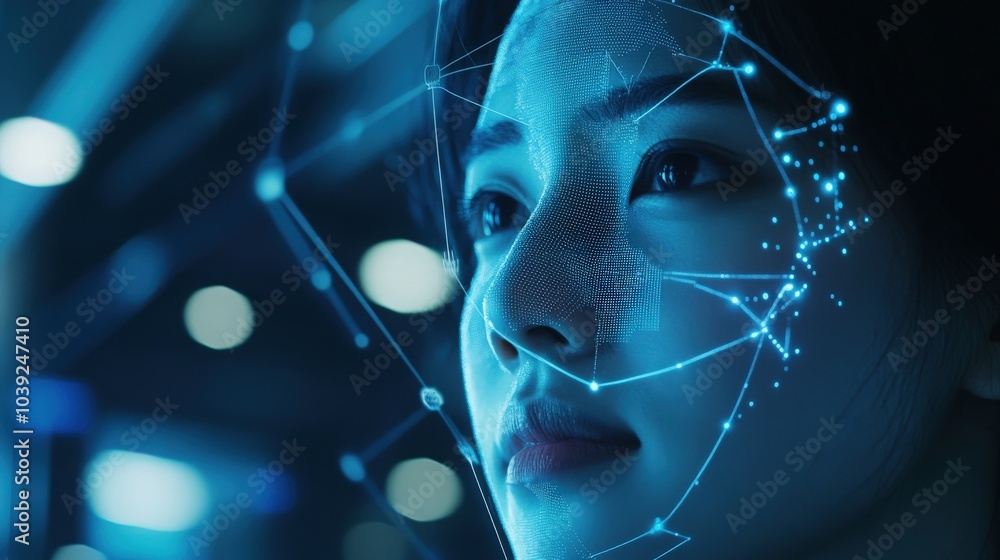 Poster a futuristic ai-powered facial recognition system scanning faces with precision, analyzing biometric