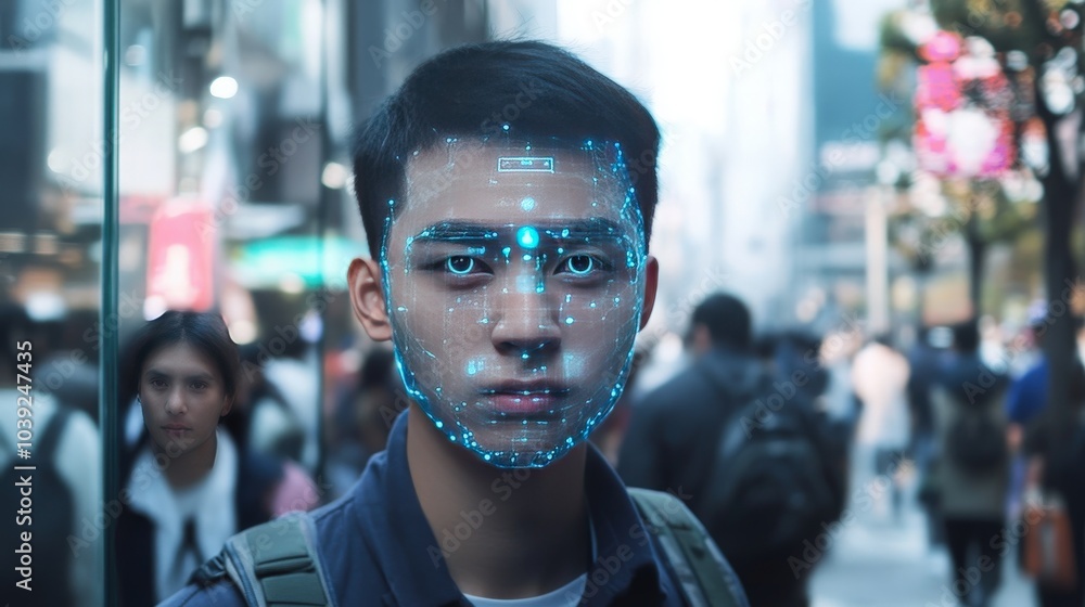 Poster a futuristic ai facial recognition system analyzing facial patterns, expressions, and emotions in re