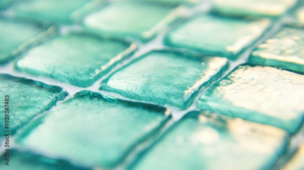 Poster textured green glass tiles form a captivating surface with reflections, enhancing the visual appeal 