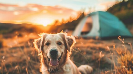 A playful golden retriever sits happily in a meadow while the sun sets behind a camping tent, reflecting a warm glow