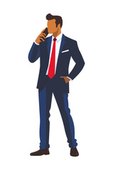 A professional businessman in a dark suit standing confidently while talking on the phone. This image represents corporate communication, leadership, and business engagement.
