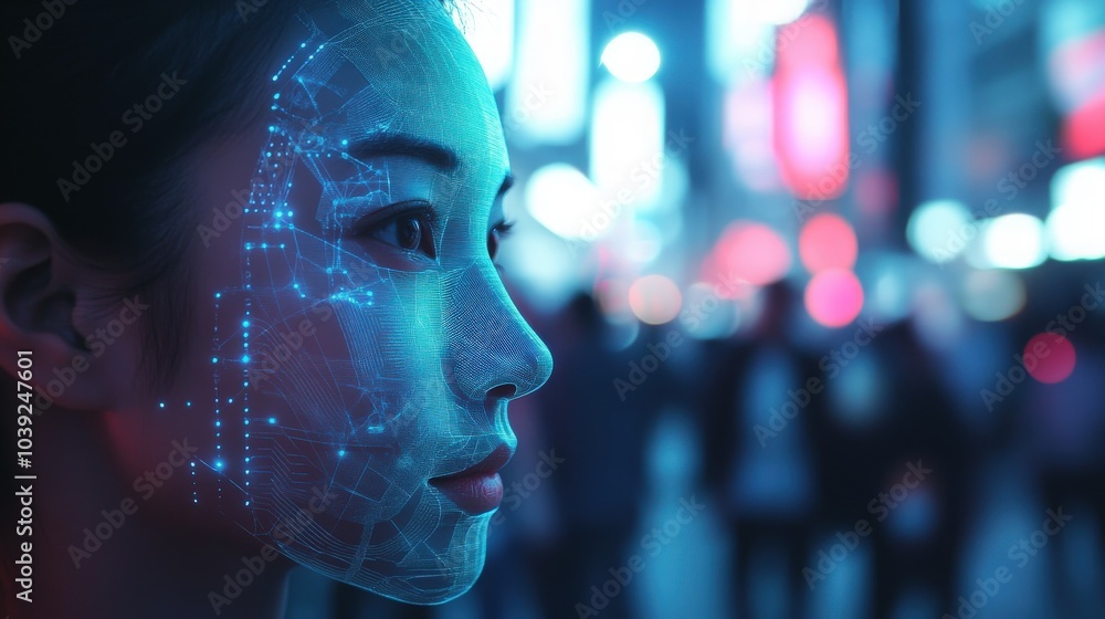 Poster a futuristic facial recognition system powered by ai, scanning and identifying individuals in real-t