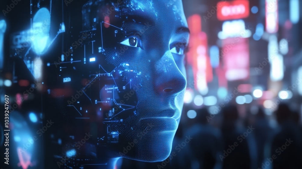 Poster a futuristic facial recognition system powered by ai, scanning and identifying individuals in real-t