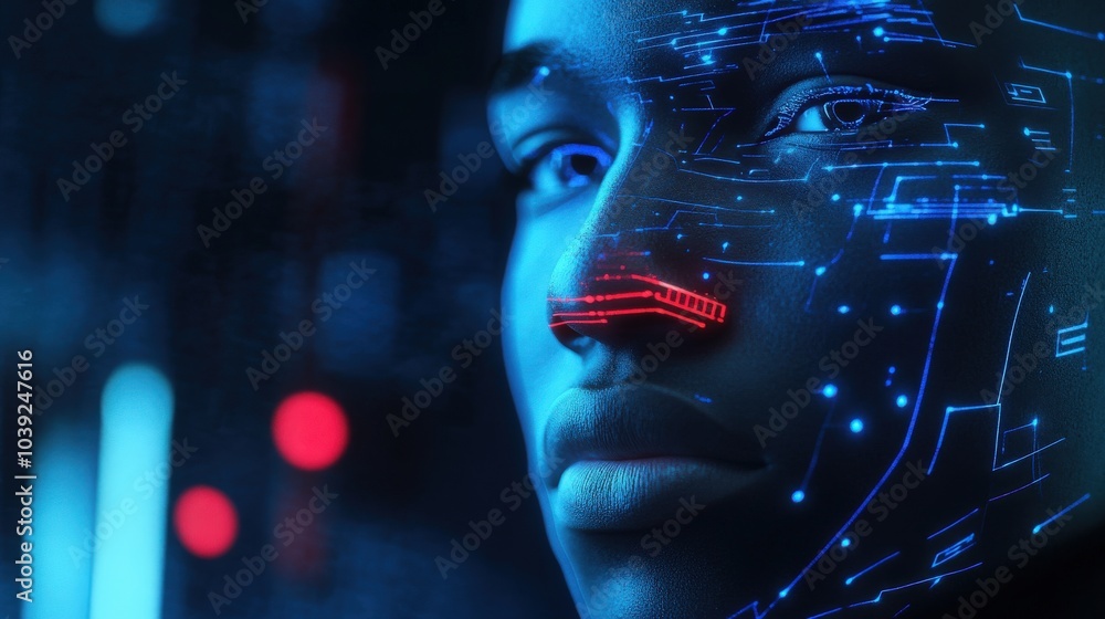 Poster a futuristic facial recognition system powered by ai, scanning and identifying individuals in real-t