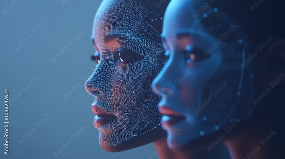 Poster a futuristic facial recognition system where ai analyzes intricate facial features and expressions,