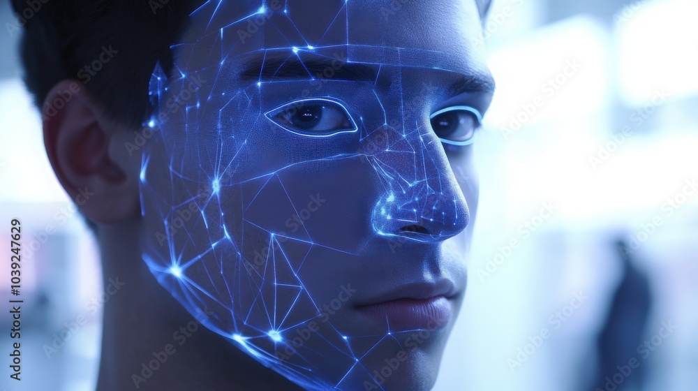 Poster a futuristic facial recognition system where ai analyzes intricate facial features and expressions,