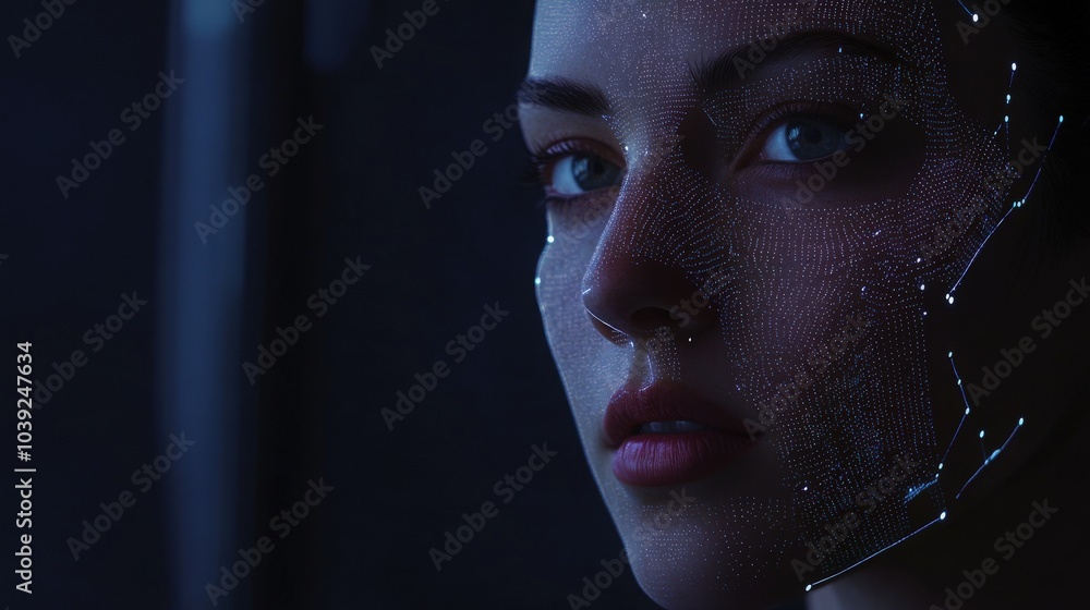 Poster a futuristic facial recognition system where ai analyzes intricate facial features and expressions,