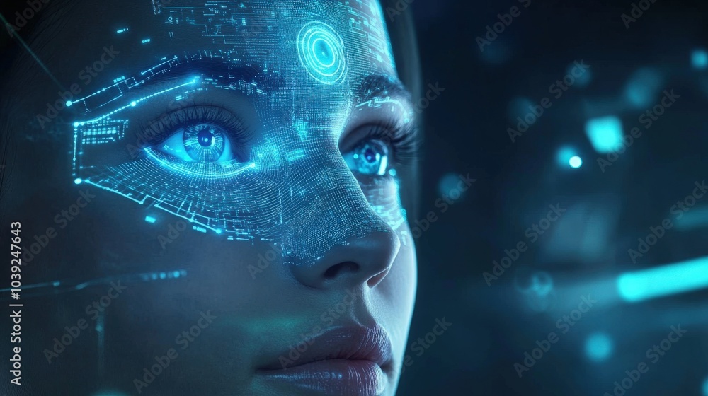 Poster a futuristic facial recognition system where ai analyzes intricate facial features and expressions,