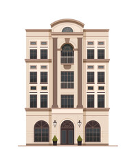 A classic multi-story building with an elegant design, featuring large arched windows, pillars, and a neutral beige facade. The building combines modern and traditional architectural elements.