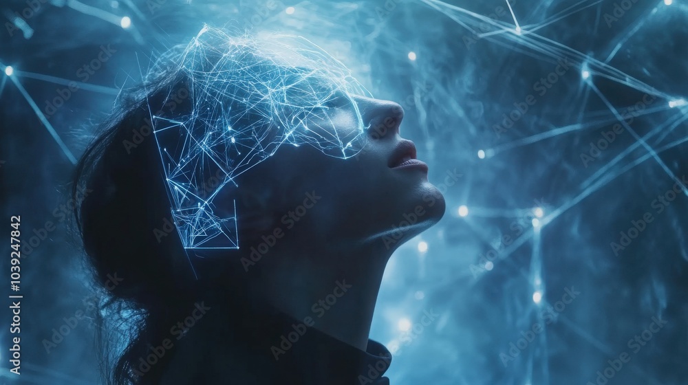Poster a futuristic internet communication concept where users transmit thoughts and emotions directly via 