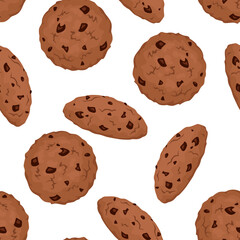 Chocolate cookies with cocoa chips. Sweet food background. Vector cartoon flat illustration of baking. Seamless pattern.