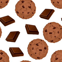 Seamless pattern with chocolate cookies and pieces of chocolate. Sweet food background. Vector cartoon flat illustration. 